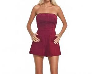 NEW WISTERIA LANE reagan denim tube romper in maroon
